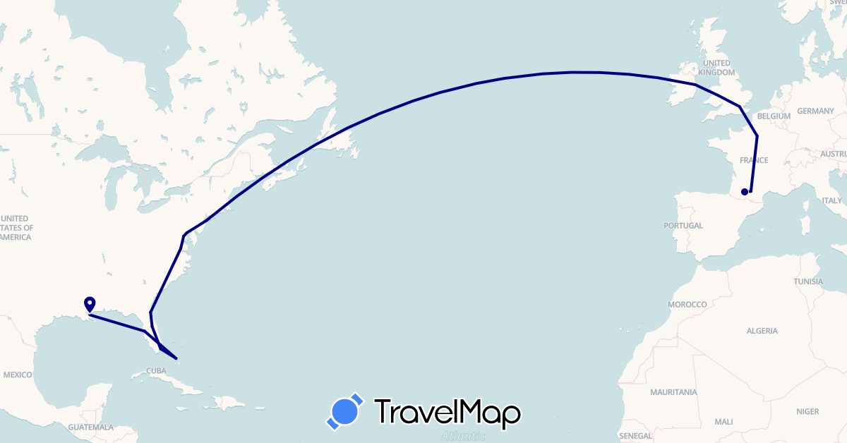TravelMap itinerary: driving in Bahamas, France, United Kingdom, Ireland, United States (Europe, North America)